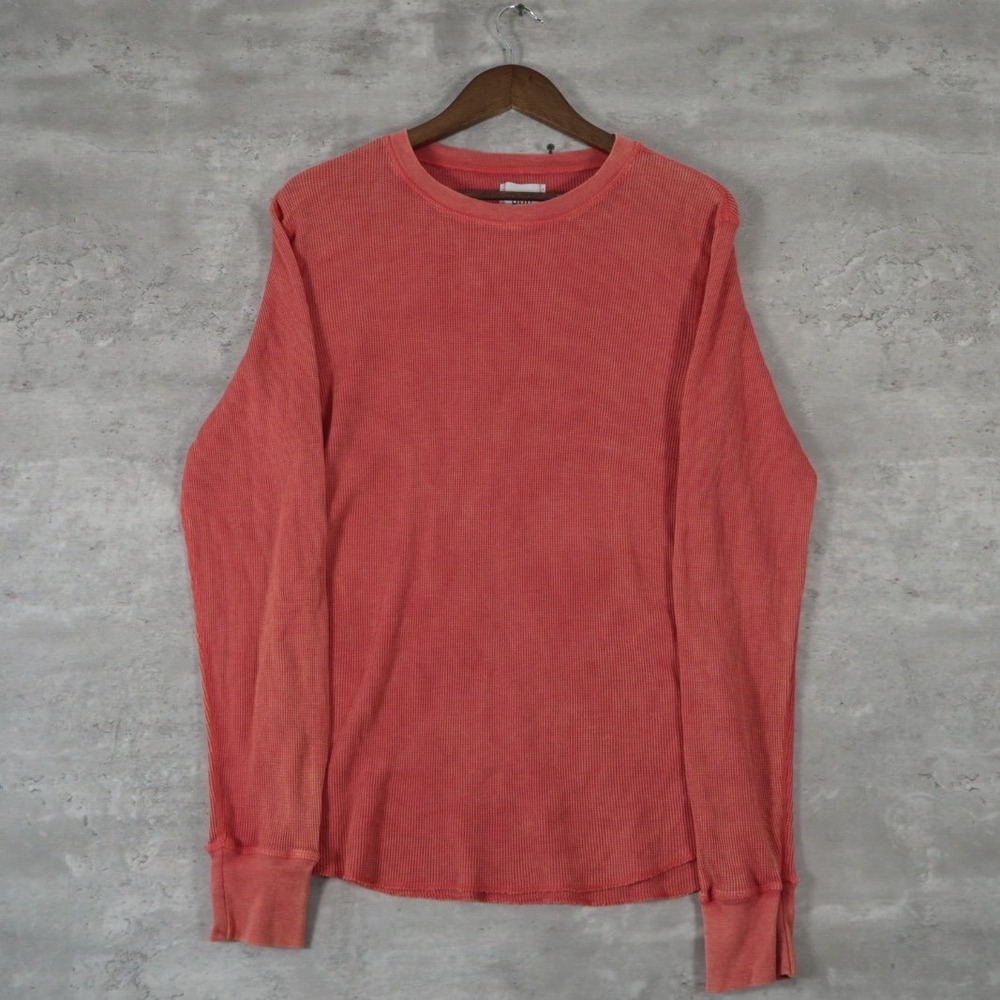 BDG Thermal Waffle Knit Shirt L Red Faded Long Sleeve Raw Hem